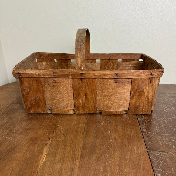Vintage Split Wood Basket & handle Large 17" Long Rustic Country Farmhouse Decor - Picture 1 of 10